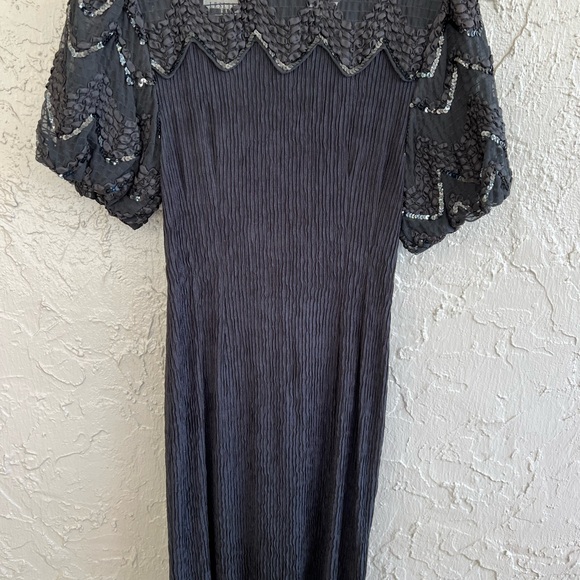 Leslie Fay Black Mini Dress with Sheer Sequin Sleeves - Picture 2 of 9